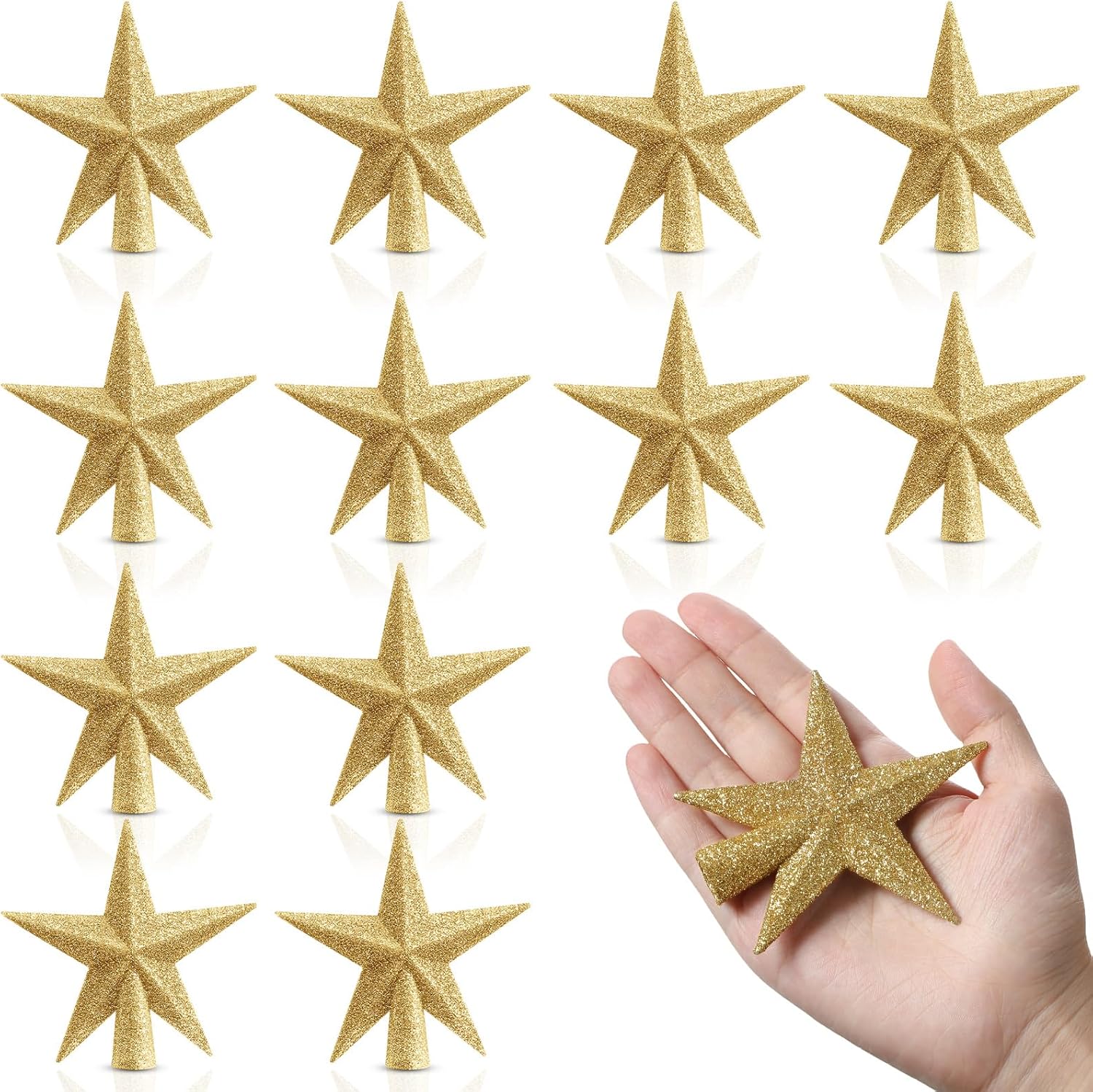 Hiboom 12 Pcs Mini Star Christmas Tree Topper Glitter Treetop Small Christmas Star 3