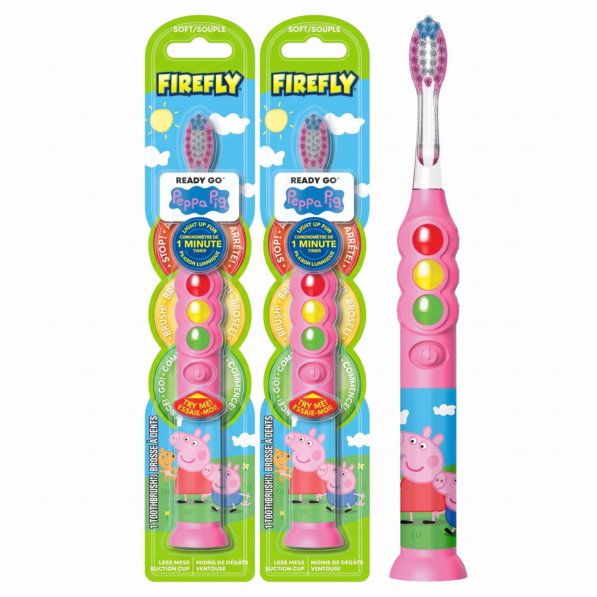 FIREFLY Ready Go Brush,Peppa Pig,Light Up Timer Toothbrush,Premium Soft Bristles,1 Minute Timer,Less Mess Suction Cup,Battery Included,Easy Storage,for Ages 3+,(Pack of 2)