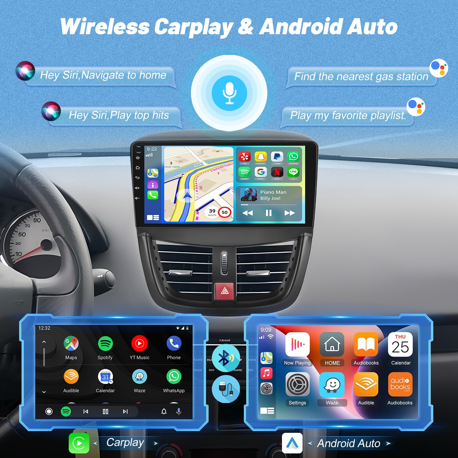 [2+64GB] Android Autoradio pour Peugeot 207 2006-2015, Autoradio 9 Pouces avec Écran Tactile, CarPlay & Android Auto, WiFi, GPS, Radio FM RDS, Caméra de Recul