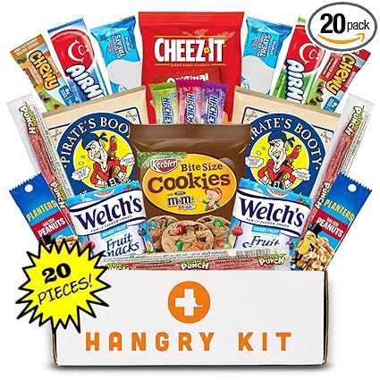 Hangry Kit Mega Care Pack (Essential Kit) - Snack Box Kit - Birthday Snack Box for Adults & Kids -- (20 count) Basket Care Package Ideal for College Students -- Contains Birthday Snacks, Cookies, Chips, Candy. Party Variety Box.