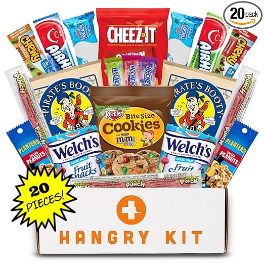 Hangry Kit Mega Care Pack (Essential Kit) - Snack Box Kit - Birthday Snack Box for Adults & Kids -- (20 count) Basket Care Package Ideal for College Students -- Contains Birthday Snacks, Cookies, Chips, Candy. Party Variety Box.