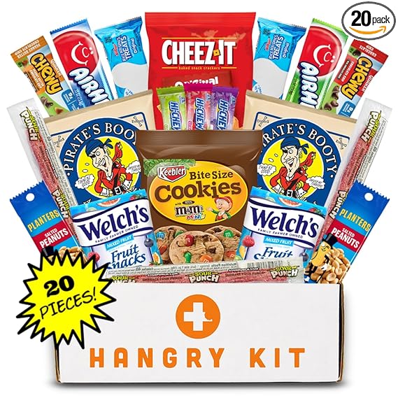 Hangry Kit Mega Care Pack (Essential Kit) - Snack Box Kit - Birthday Snack Box for Adults & Kids -- (20 count) Basket Care Package Ideal for College Students -- Contains Birthday Snacks, Cookies, Chips, Candy. Party Variety Box.