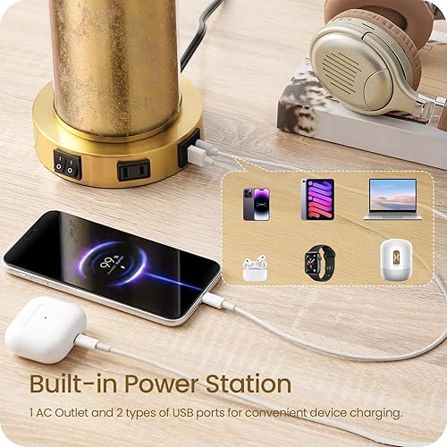 Miniatura 3 de Juego de 2 lámparas de mesa doradas de 25.6 pulgadas, lámparas de noche altas con luz nocturna, lámpara moderna de mesita de noche con puertos USB,