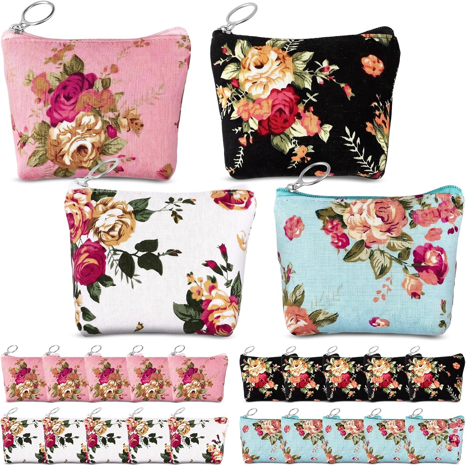 24 Pack Vintage Floral Coin Purses Bulk for Tea Party Favors, 3.5 x 4.6 in Canvas Zipper Pouches Small Change Purse Wallets for Women Guests Birthday Bridal Shower Gifts
