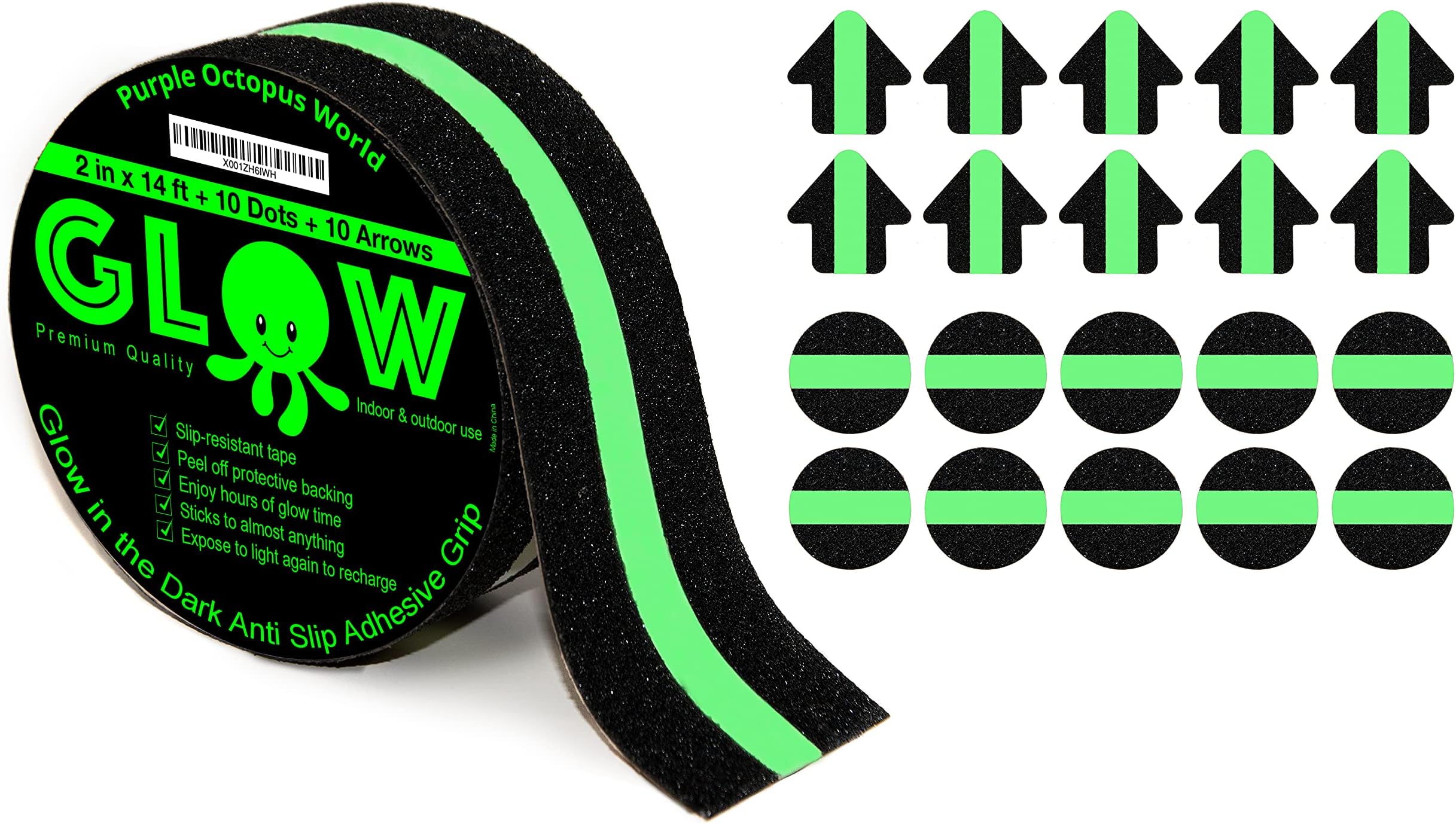 Anti-Slip Glow in The Dark Grip Tape - Non-Slip Adhesive Grip for Slippery Suerfaces, Stairs, Rails, Steps, Gaffers, Tread, Traction - Bonus 10 Dots and 10 Stars - 2 Inches Wide by 14 Feet Long - Ind