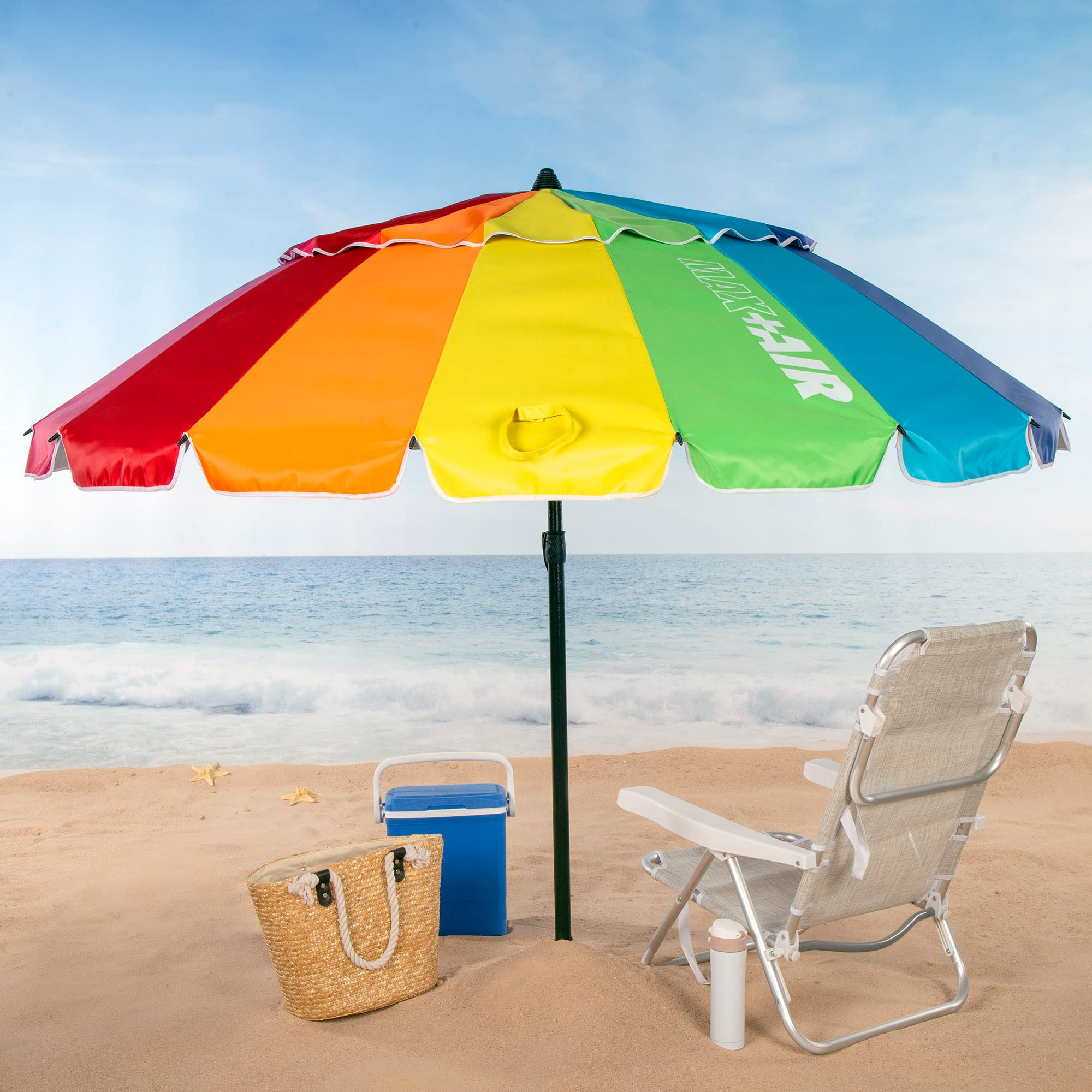 AKTIVE Ombrellone da spiaggia antivento con protezione UV50, ombrellone da spiaggia con altezza regolabile e palo inclinabile, ultra resistente al vento, include borsa per un facile trasporto