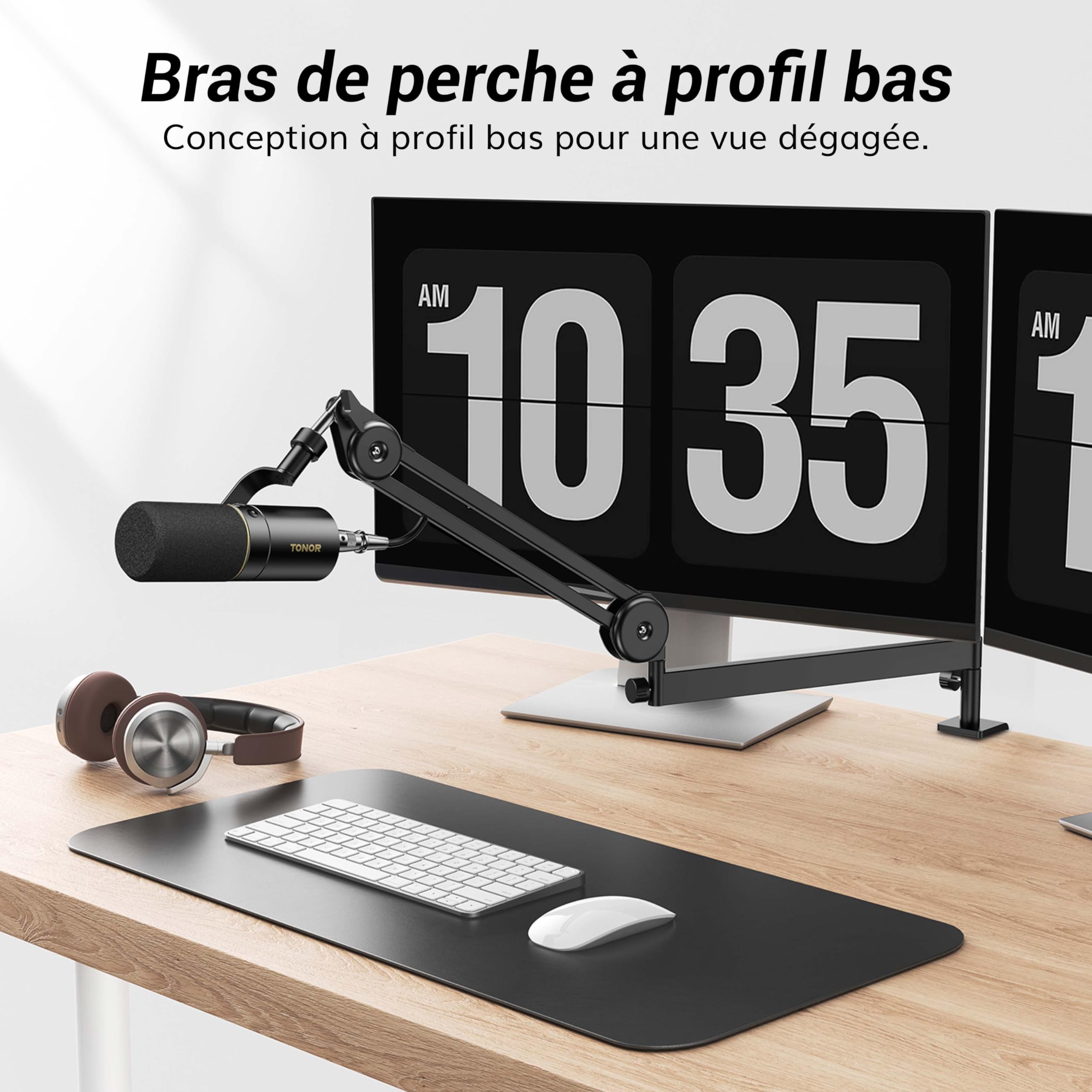 TONOR Bras de micro à Profil Bas, Support de Micro Entièrement Réglable avec Pince de Fixation, Adaptateur de Vis, Gestion des Cables, pour Streaming/Jeux/Podcasts, 37 cm +37 cm, T40LP, Noir