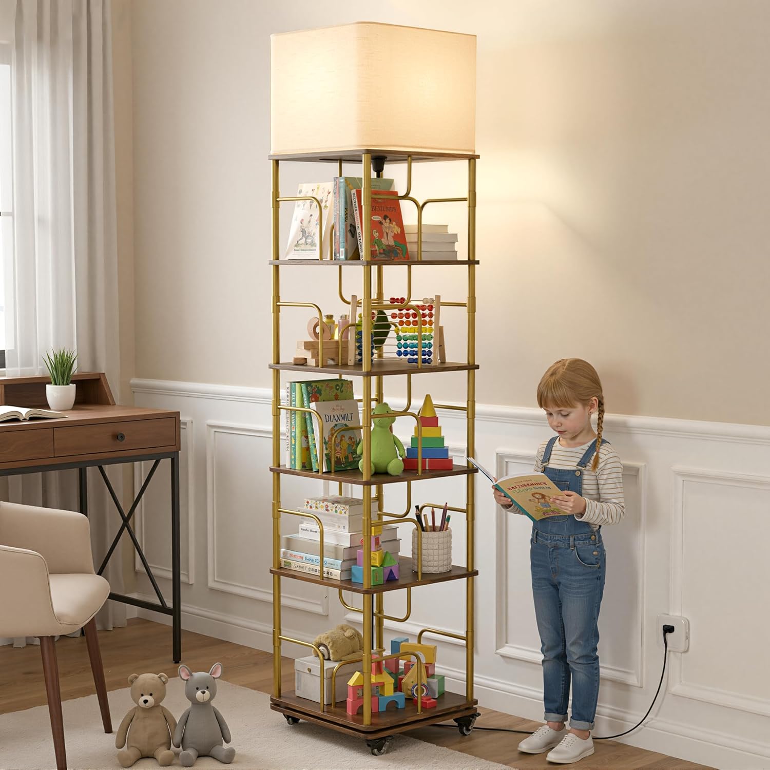 5 Tier Rotating Bookshelf with LED Light 360° Swivel Bookcase with Wheels Space-Saving Tall Corner Shelf Square Floor Standing Shelf Metal and Wood Bookshelves for Bedroom Living Room Office