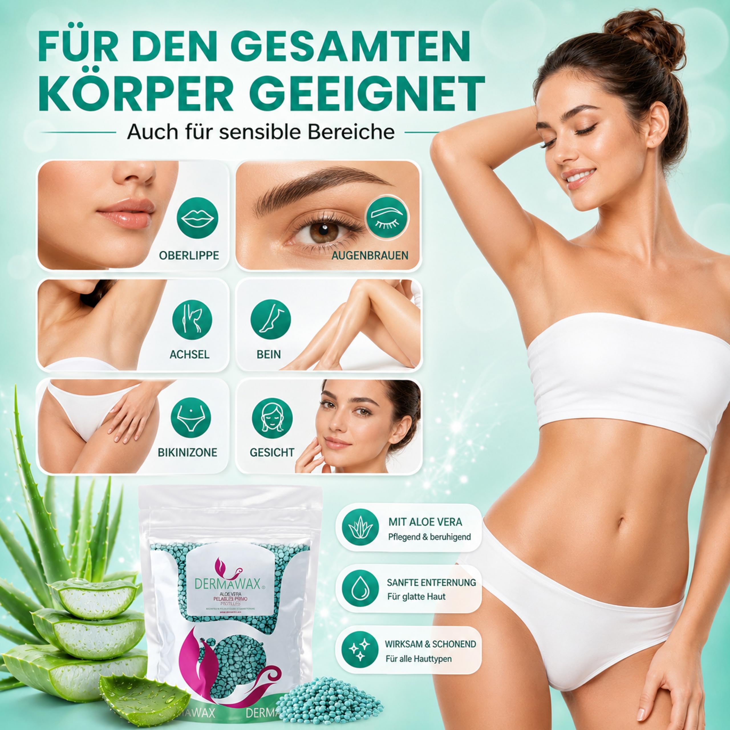 Dermawax 1 kg Wachsperlen Aloe Vera Heißwachs – Haarentfernung ohne Streifen für sensible Haut, Gesicht, Beine, Achseln & Bikinizone – Stripless Filmwachs, Made in Italy