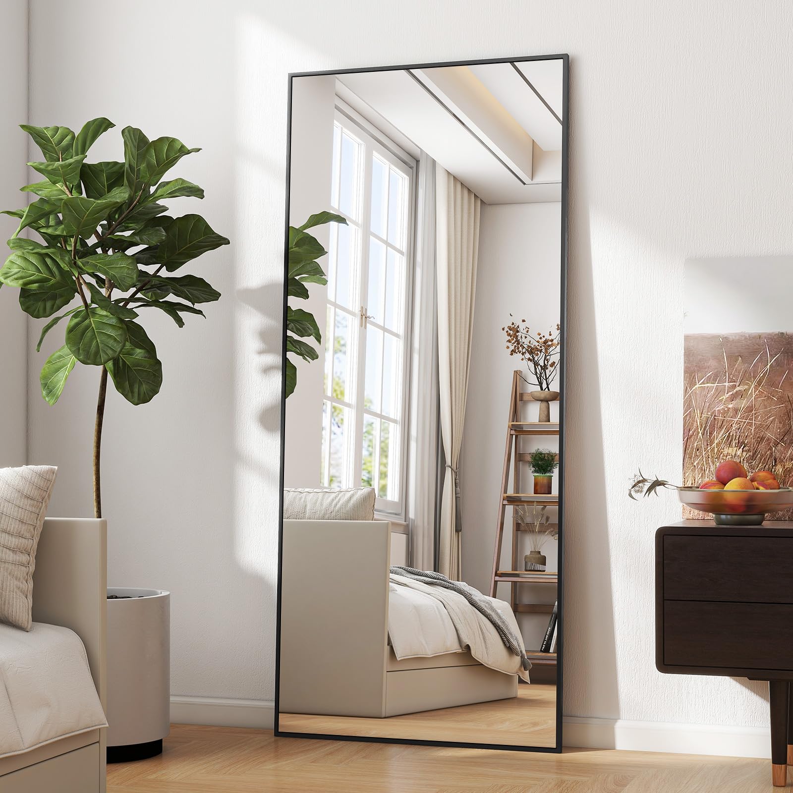 BEAUTYPEAK Full Length Mirror, 165x60 cm Full Body Mirrors with Stand, Floor Mirror can Hanging or Leaning Against Wall for Wall Bedroom Bathroom Living Room Decor, Black