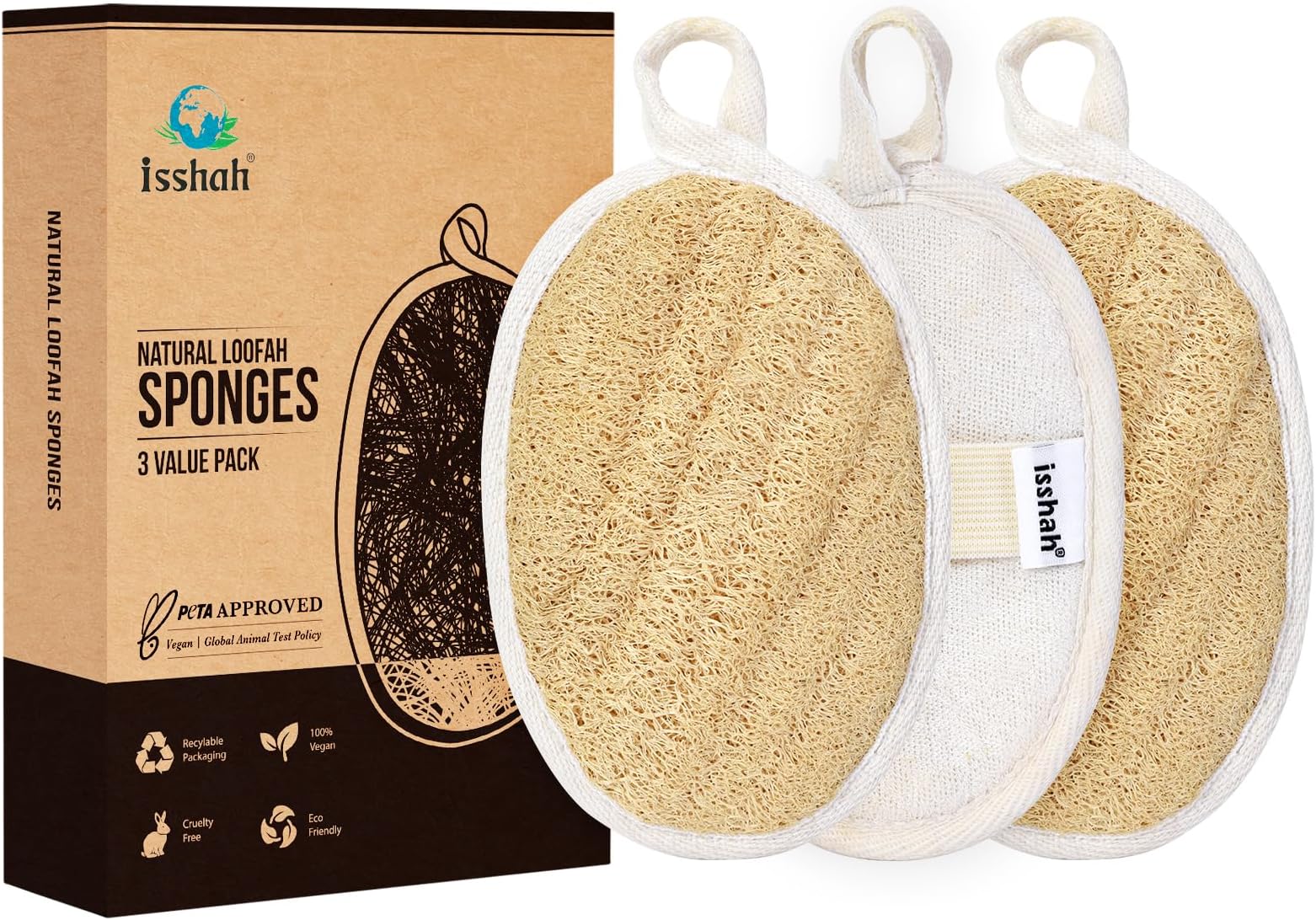 - Natural Loofah Sponges, FSC Certified and PETA Approved Shower Loofah Sponge, 3 Pack