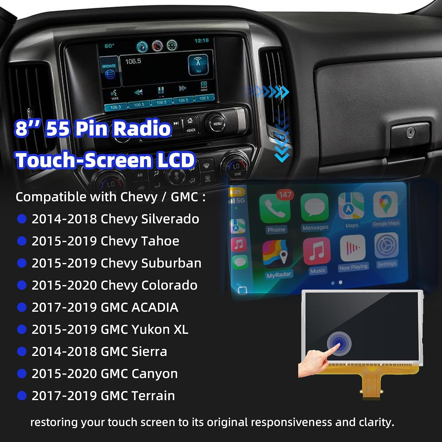 DJ080PA-01A 8" 55 Pin LCD Monitor Touch Screen Navigation Radio Compatible with Chevy Silverado Suburban Tahoe & GMC Yukon Sierra 2015-2018 Digitizer Replacement