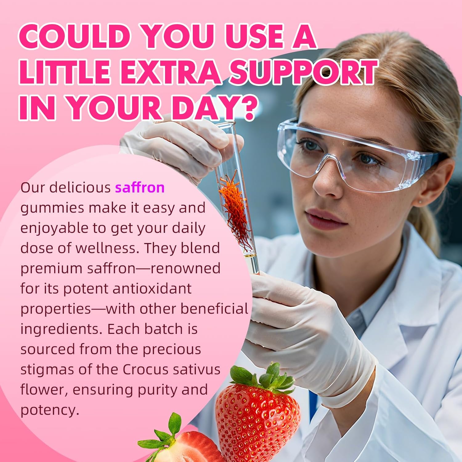 Saffron Gummies for Adult Kids - with Saffron 88.5mg, Vitamins D3 & B6, Magnesium, Zinc, Ashwagandha, L - Theanine, St. John's Wort - Supports Mood & Focus, Strawberry Flavor, 60 Count - Image 6