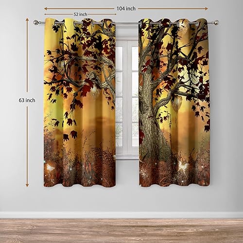 Miniatura 2 de Jekeno Cortinas opacas de árbol de otoño, decoración de habitación de árbol de otoño, luz de luna, mariposa, farol, luciérnaga, con ojales, para