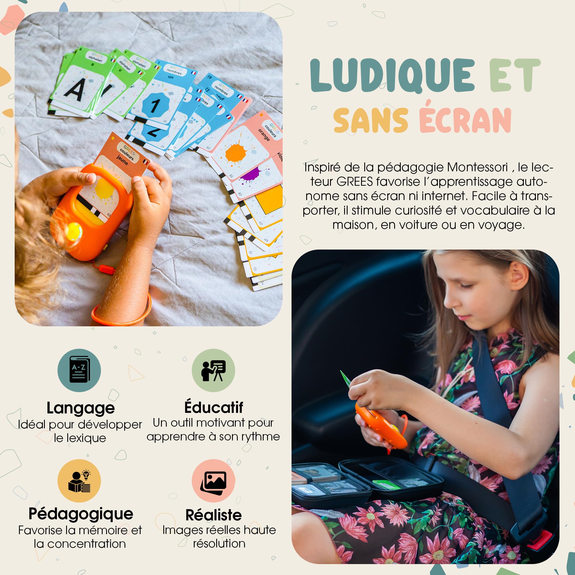 GREES Jouet Éducatif Montessori – Lecteur de Cartes Parlantes Français 258 Mots + Sacoche de Rangement | Jeu sans Écran Enfant 2-6 Ans | Flashcards Lettres Chiffres Animaux | Cadeau Fille Garçon