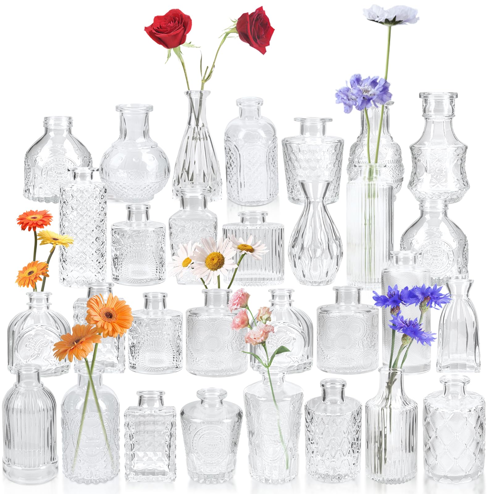 Yirilan Glass Bud Vase Set of 30,Small Clear Round Vases for Flowers, Mini Flowers Vases, Vintage Bottle for TableDecorations, Wedding Decor, Party, Home