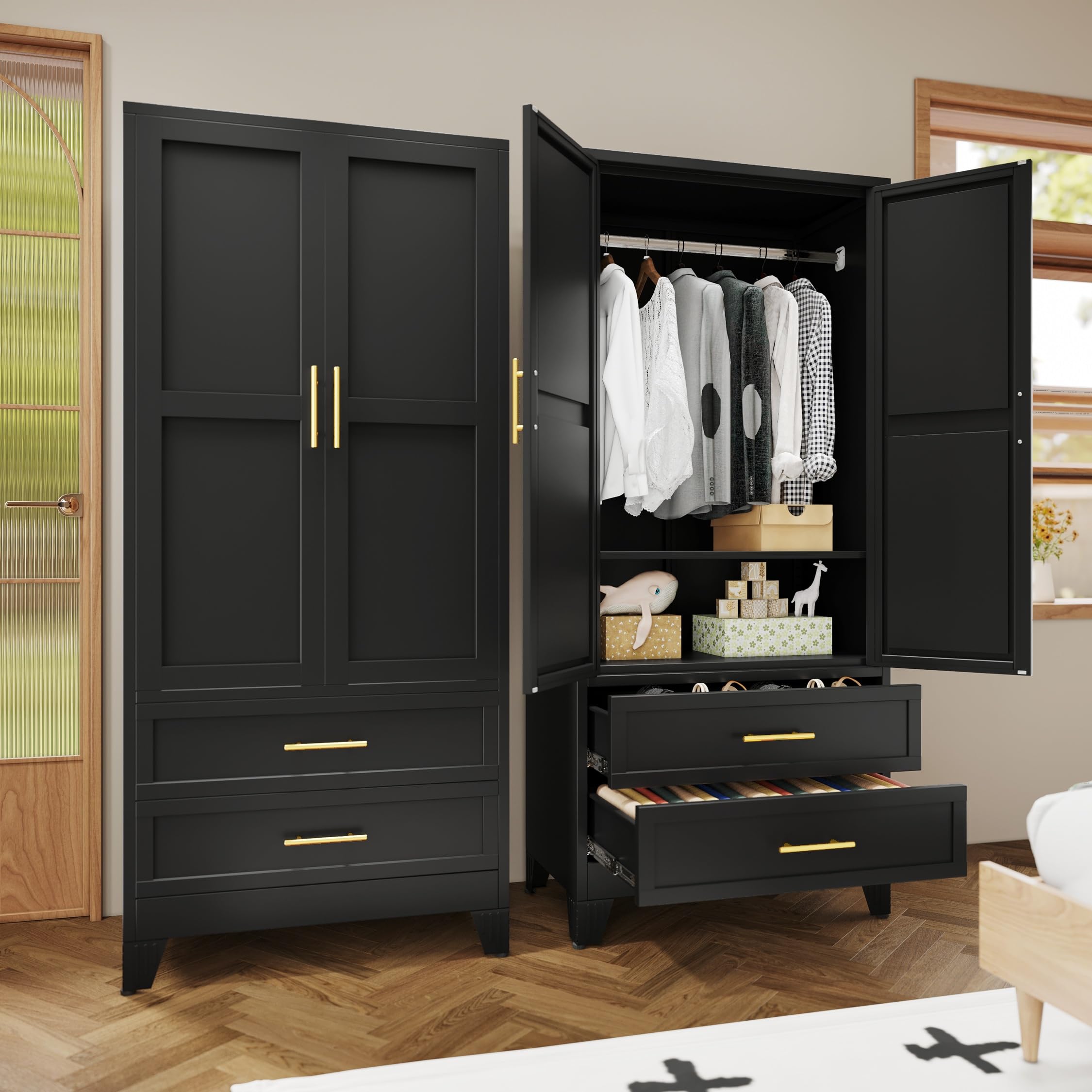 RIETERN Metal Armoire Wardrobe Closet, 71" Tall Bedroom Closet with 2 Drawers, Adjustable Shelves, and Hanging Rod, Steel Clothes Closets and Storage, for Bedroom Black