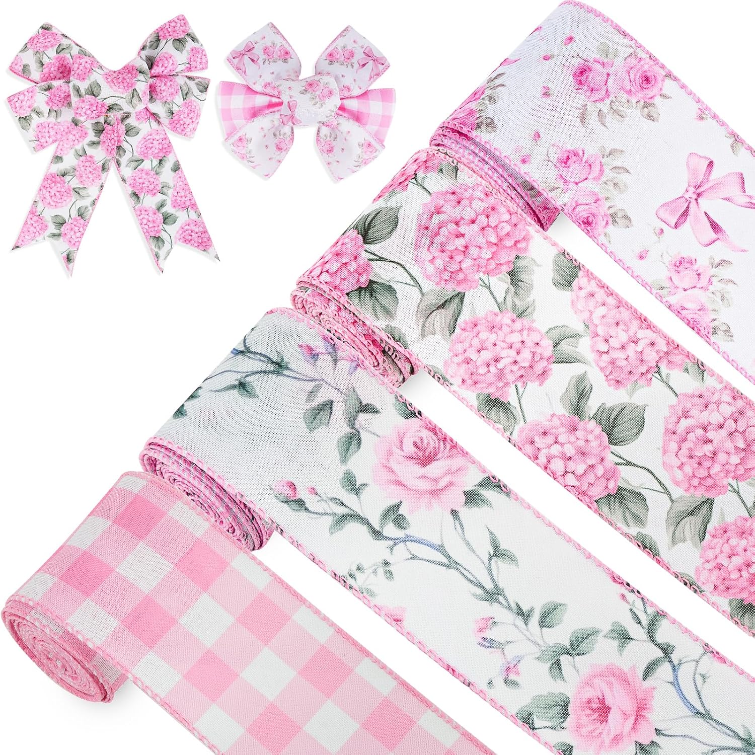 4 Rolls Pink Floral Wired Ribbon Set - 2.5 Inch Wide, 20 Yards Total – Rose Patterned Pink and White Vintage Satin Ribbon for Crafts, Spring, and Floral Decor
