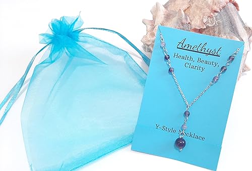 Miniatura 3 de Natural Crystal Bead Purple Amethyst Y Shaped Lariat Necklace Non-Tarnish Steel Chain