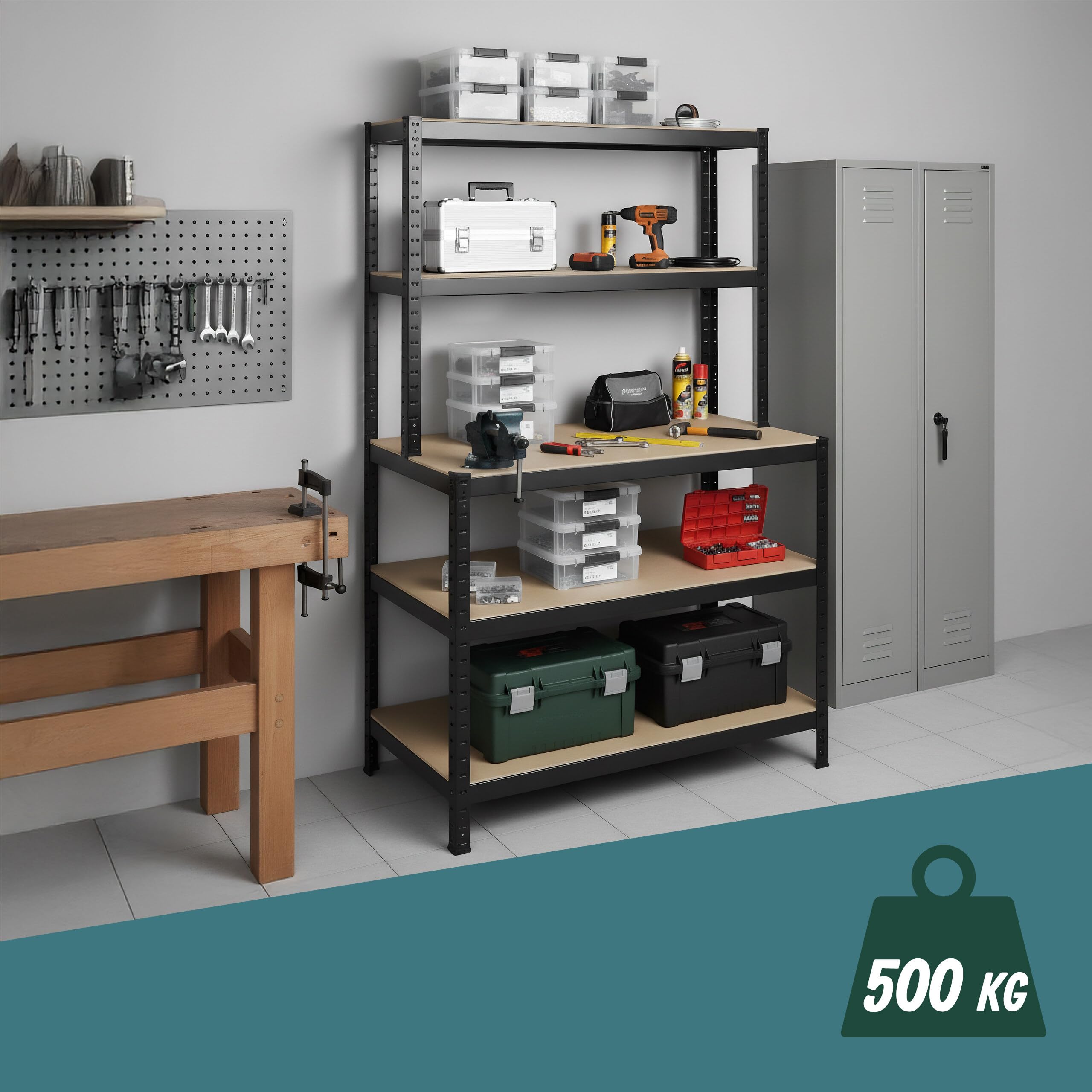 Relaxdays Scaffale Pesante con banco da Lavoro, 500 kg, 5 Ripiani, H x L x P: 180 x 100 x 60 cm