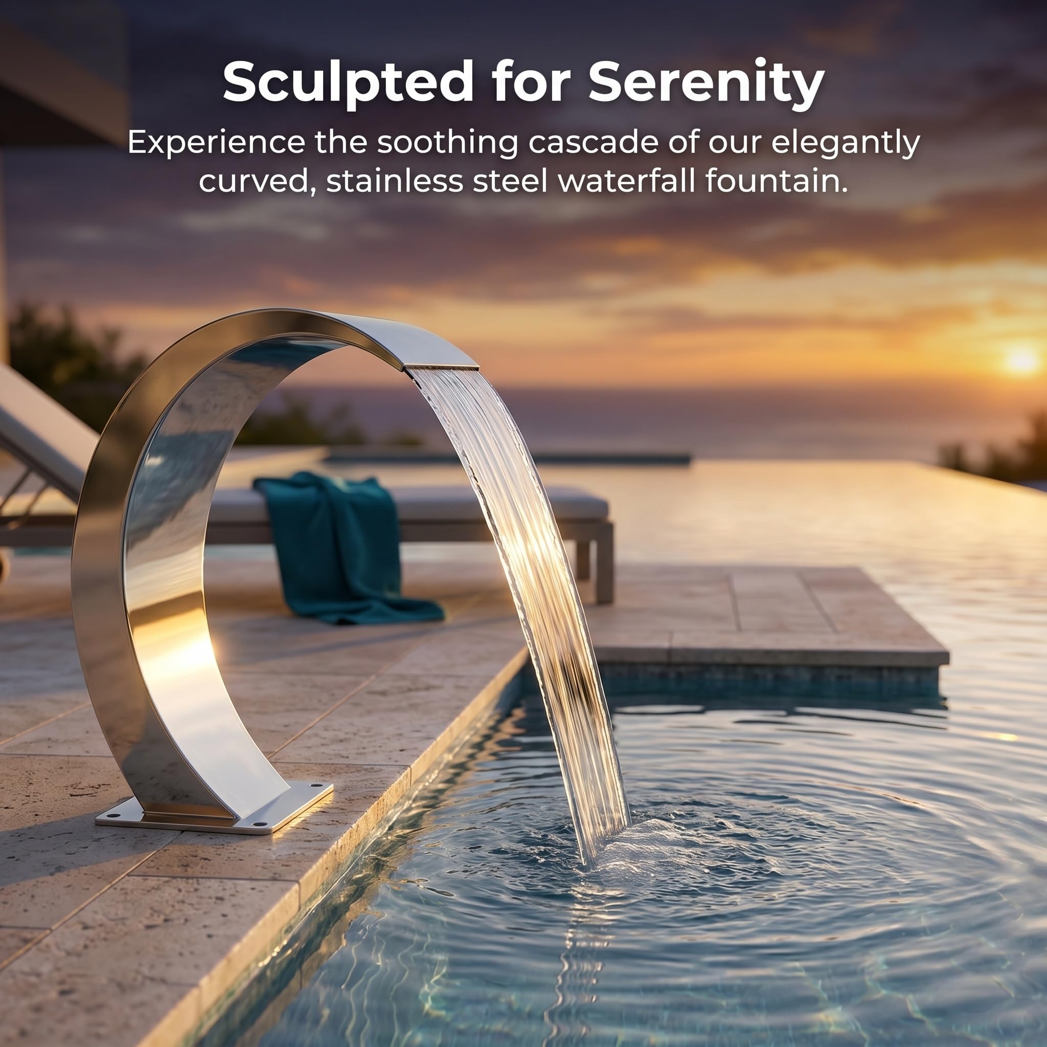 Fontaine Cascade élégante en Acier Inoxydable pour piscines et Jardins, Design en Arc incurvé créant Une Ambiance apaisante, Construction métallique Durable rehaussant la décoration de Votre