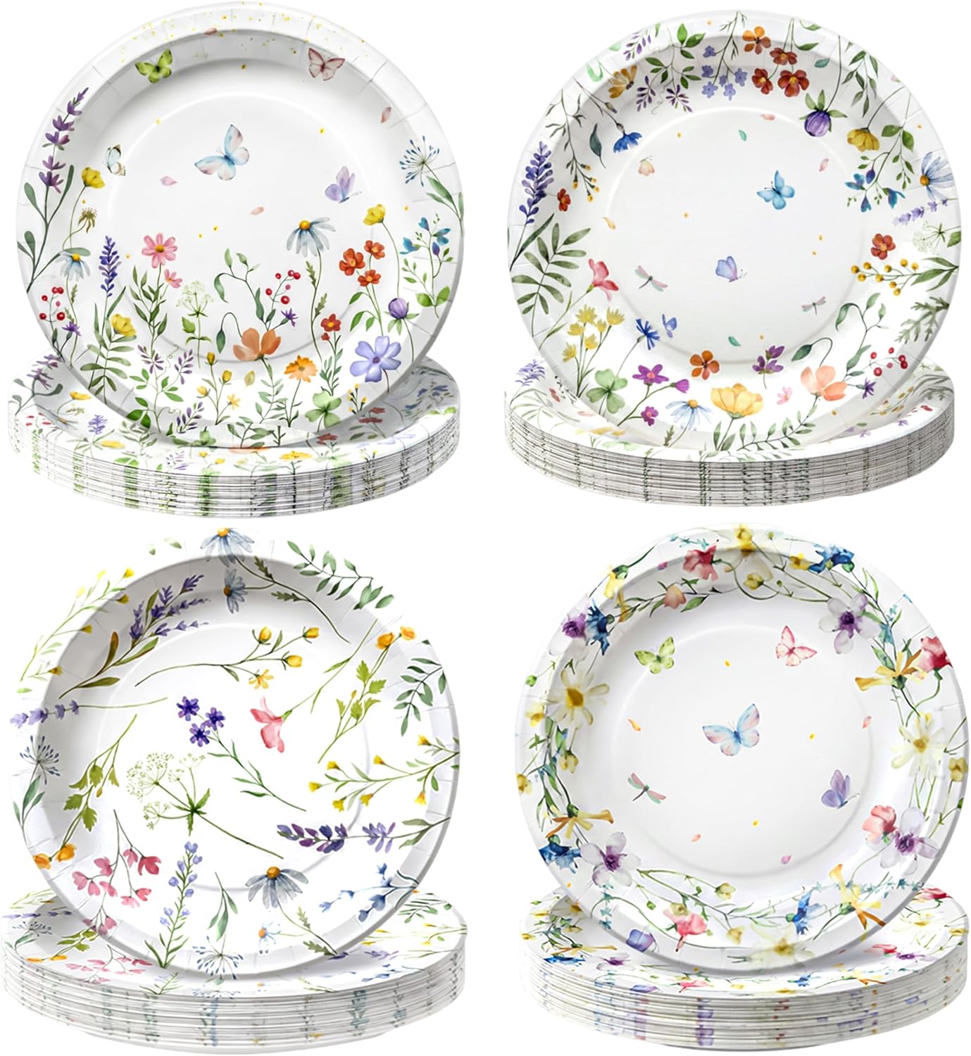 100 PCS Wildflower Party Plates, 9-Inch Floral Disposable Mother's Day Paper Plates for Mothers Day Baby Shower, Bridal Shower, Spring Birthday Party, Tea & Garden Party Decorations, 4 Floral Designs