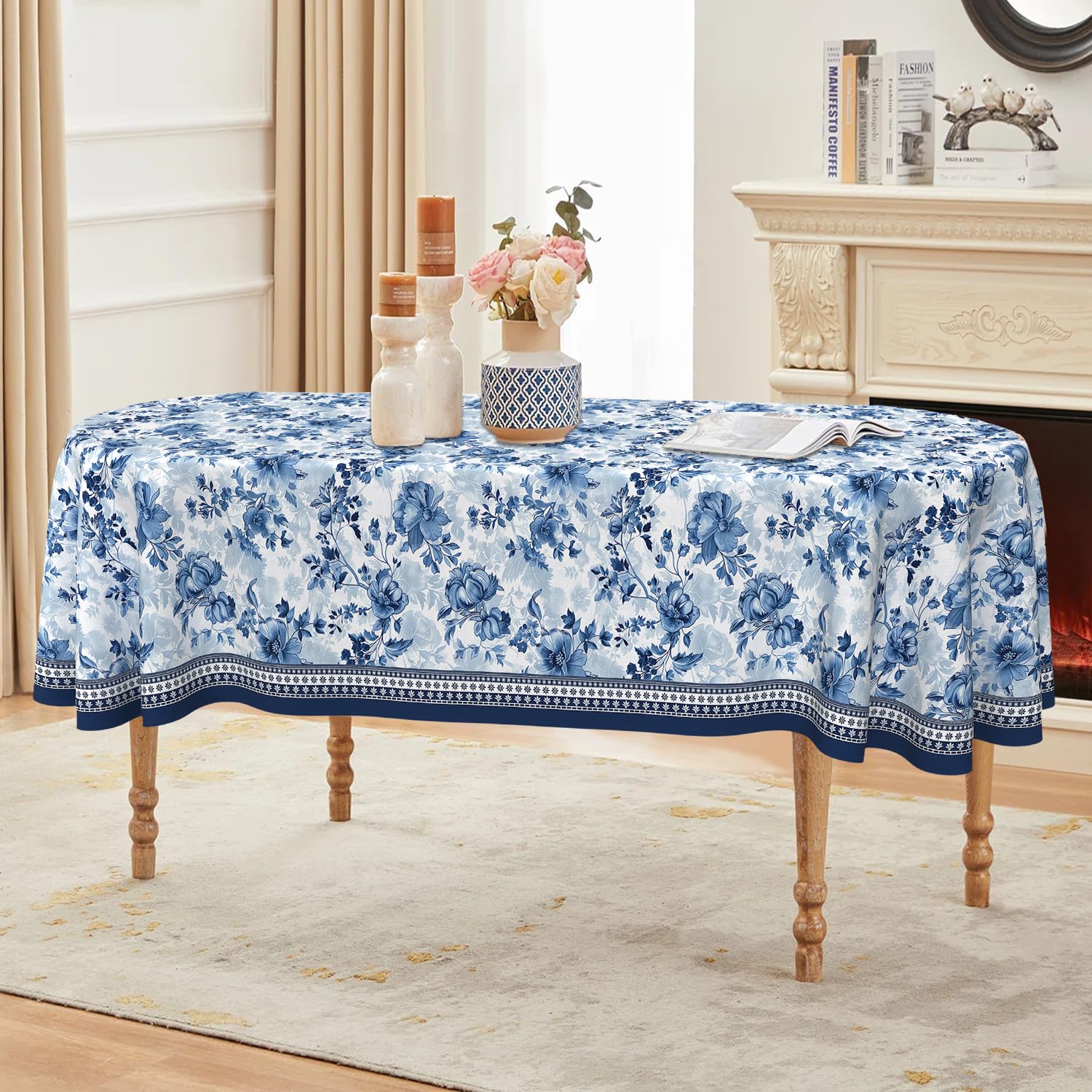 Photo 1 of ZORKET Oval Tablecloth 52x70 Inch, Vintage Blue Floral Flower Oval Table Cloth, Washable Wrinkle Free Oval Table Cover for Kitchen Dinning Party
