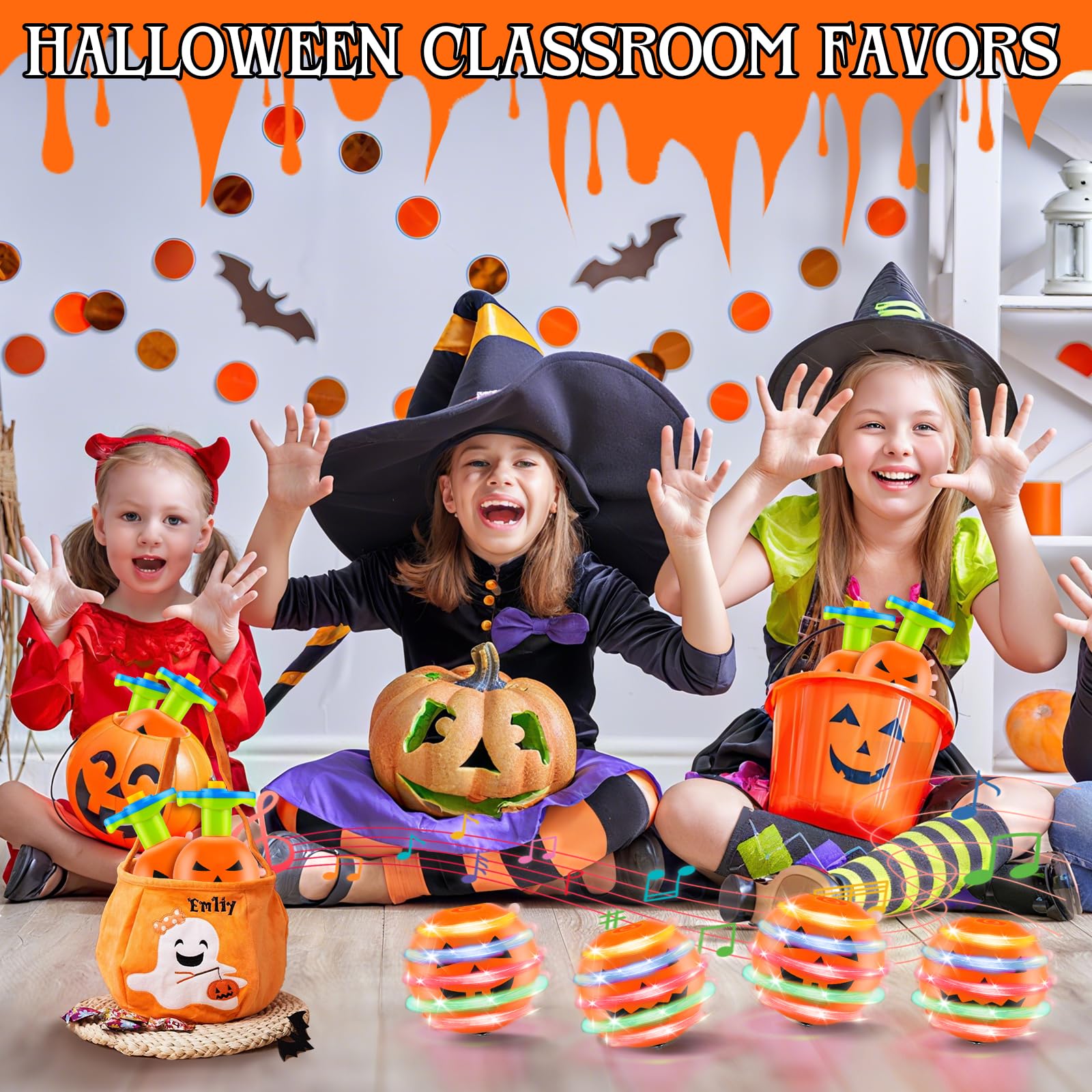 Halloween Mitgebsel Kinder, Halloween Kreisel fürJungen und Mädchen, 4 Stück Kürbis-Kreisel mit Licht und Musik, Dekompressions Ziehspielzeug für Jungen Mädchen Party Mitgebsel