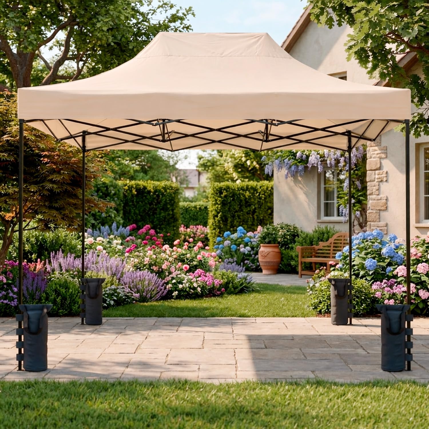 Gazebo Professionale 3x4.5 M Richiudibile Automatico In Acciaio Con Telo Oxford 1200D PVC Impermeabile e Anti UV Struttura a Fisarmonica con Sacche Zavorra e Borsa Trasporto Sagre Feste (Beige)