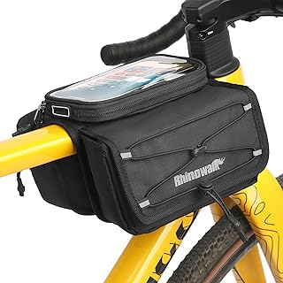 Rhinowalk Bolsa para marco frontal de bicicleta, tubo superior de bicicleta, impermeable, bolsa para manillar de bicicleta, compatible con smartphone, accesorios de ciclismo profesionales, color negro