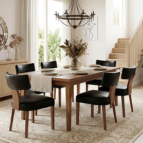 Miniatura 32 de HNY Juego de 4 sillas de comedor modernas de mediados de siglo, sillas de acento tapizadas en tela de lino estilo granja con respaldo curvado y