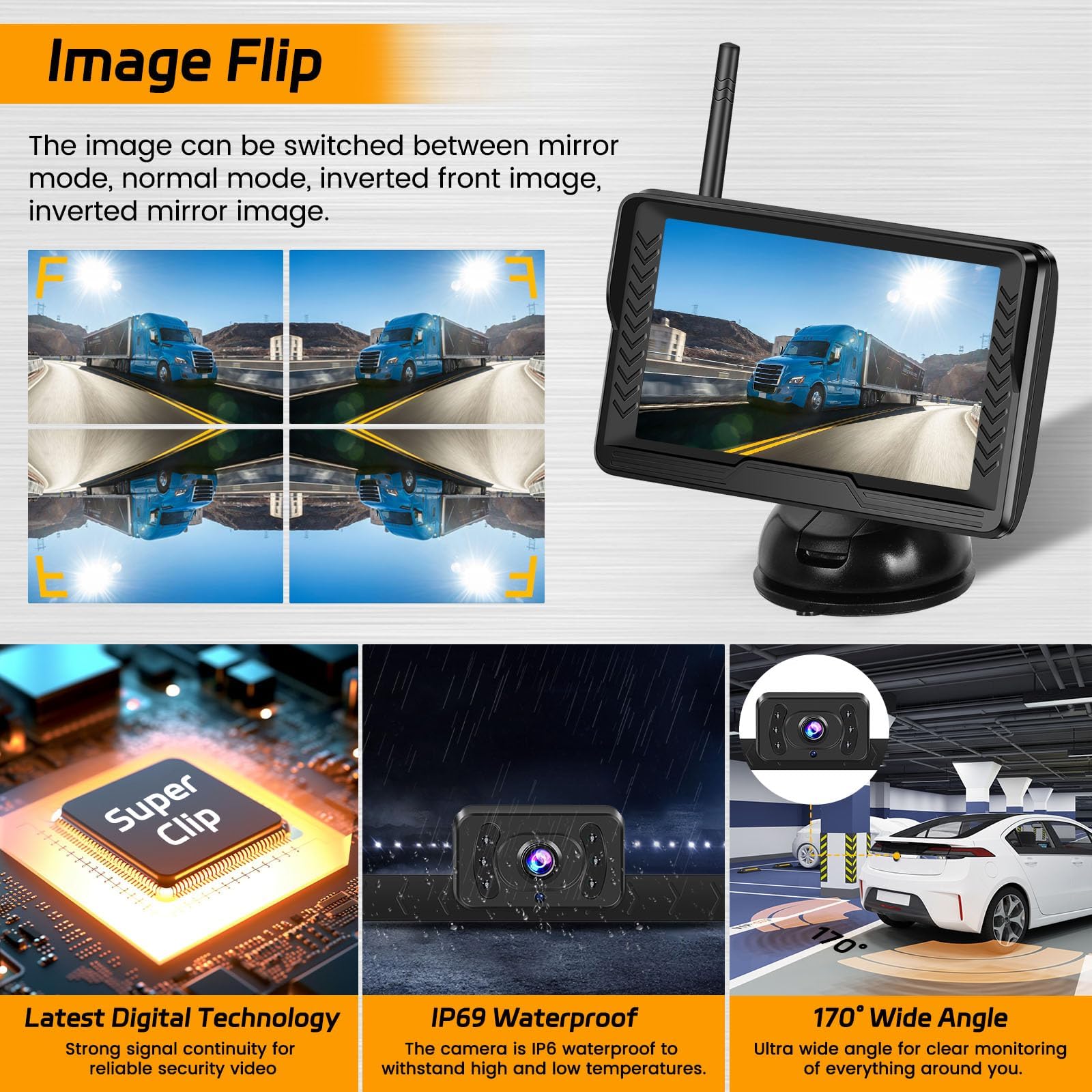 Inefala draadloze achteruitrijcamera met 5 inch HD IPS-monitor, kentekenplaat IP69 waterdichte auto-achteruitrijcamera nachtzicht voor auto's, vrachtwagens, SUV's, bestelwagens