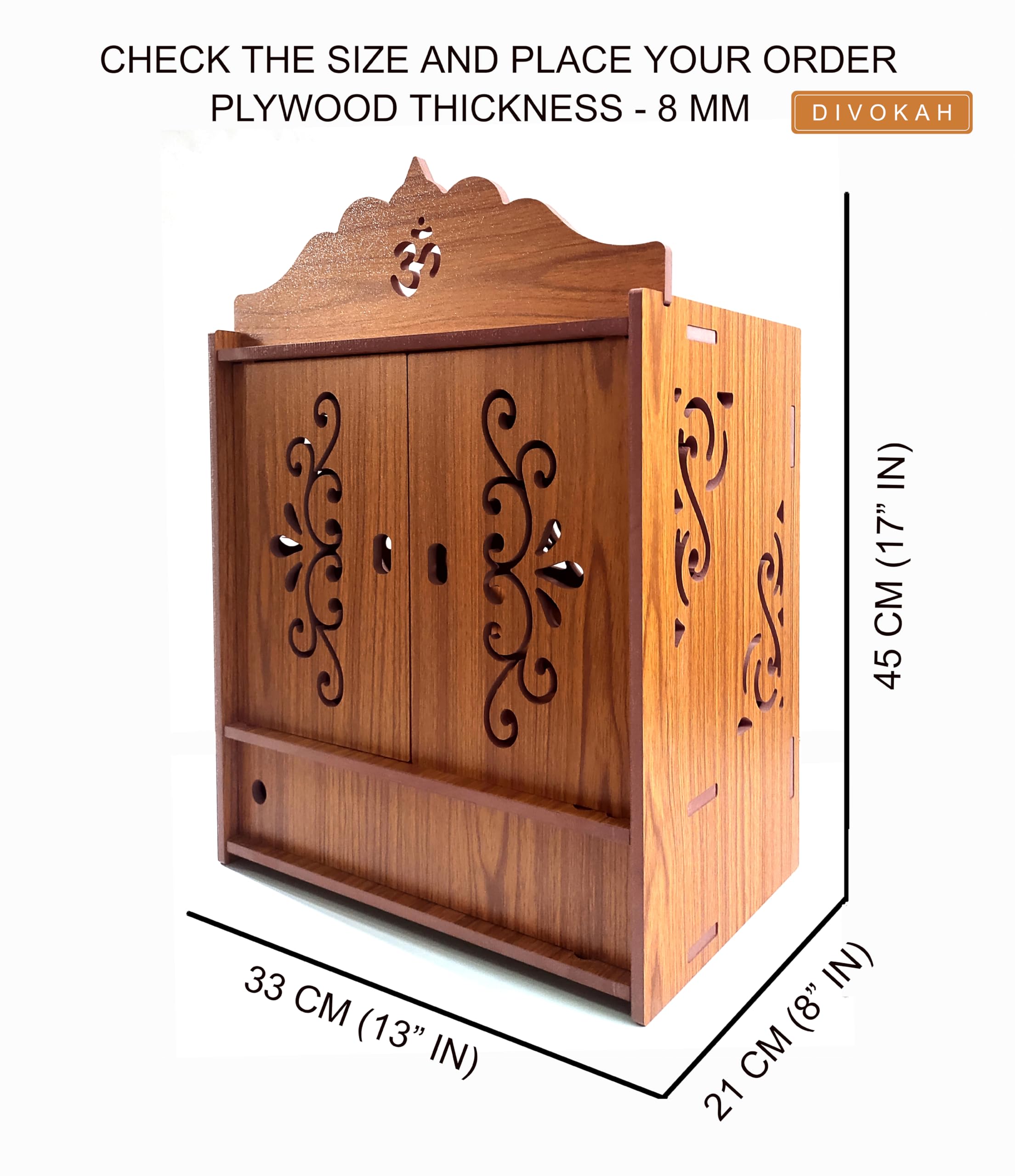 DIVOKAH Beautiful Wooden Pooja Mandir for Home/Temple for Home and Office/Puja Mandir/Puja Stand/Pooja Mandapam (8 Mm Plywood Thickness) (2DOR WDN Lotus) 1