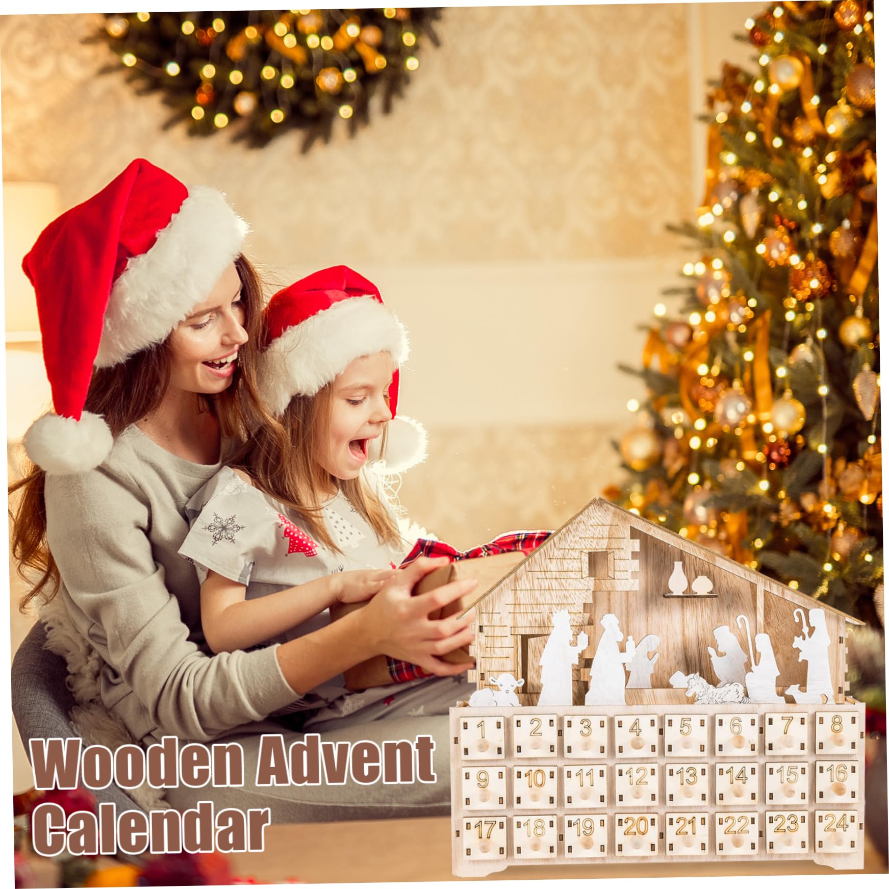 Calendario dell'avvento natività in legno, calendario dell'avvento natalizio della scena della natività 2023, riempi il tuo calendario dell'Avvento con 24 cassetti e luci a LED per bambini per ad