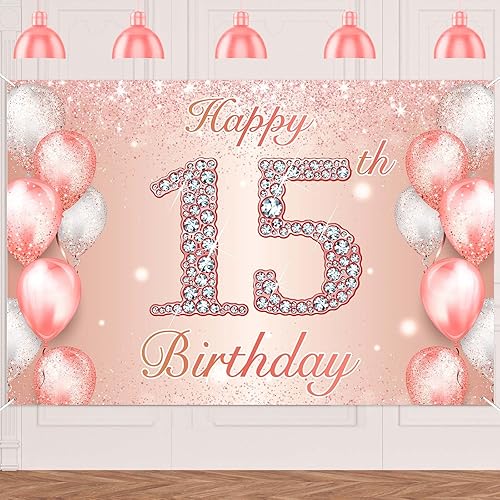 Cartel de feliz 15 cumpleaños en oro rosa, saludos a 15 años, telón de fondo, globos de confeti, decoración temática para niñas de 15 años,