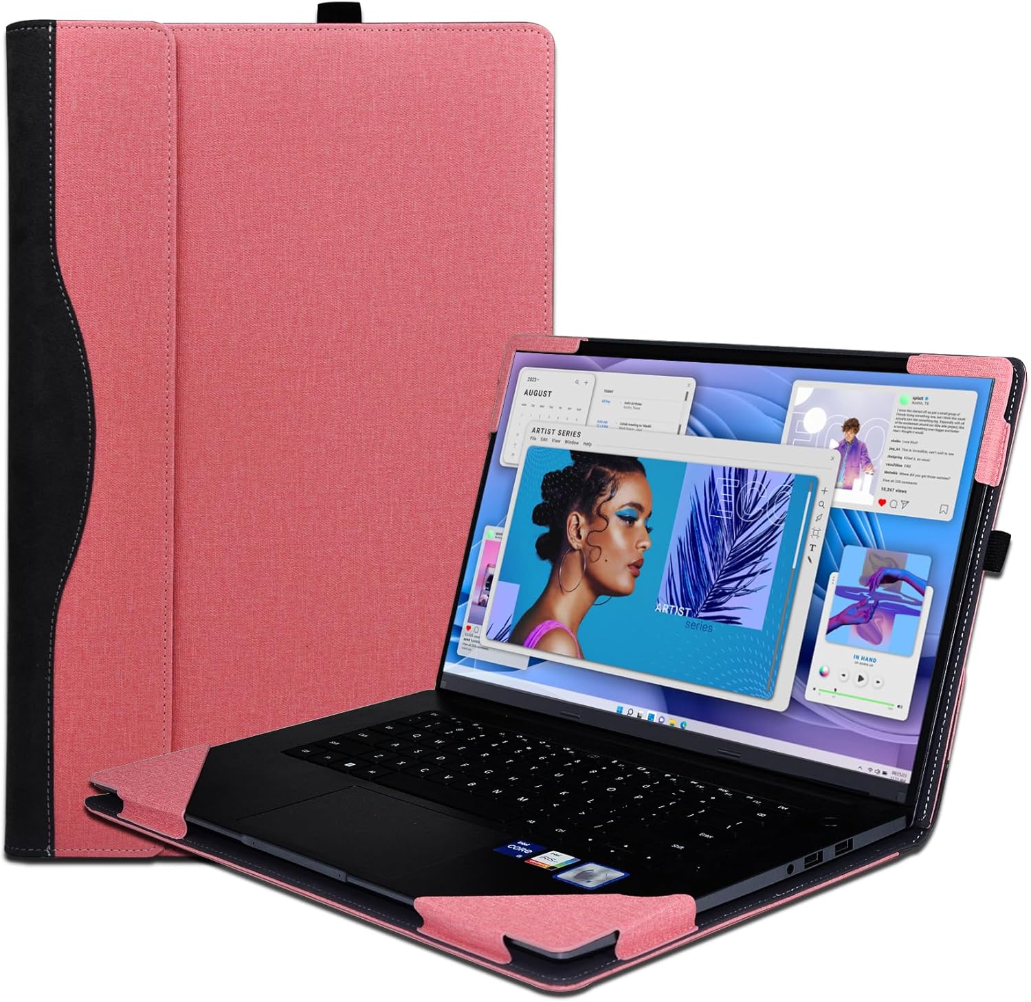 Laptop Case Cover for Dell Inspiron 14 5425 5430 & Inspiron 14 Pro 7425 5420 & Inspiron 14 Plus 7420 7430 7440 14 Inch PU Leather Removable 2-in-1 Drop Protection Case (Pink)