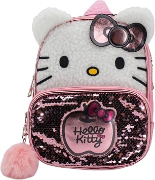 AI ACCESSORY INNOVATIONS Hello Kitty 9 Micro Mini Backpack Purse Featuring 3D Ears & Bow, Sherpa & Sequin Material, Pompom Dangle, Pink