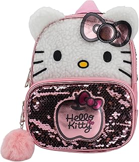 AI ACCESSORY INNOVATIONS Hello Kitty 9” Micro Mini Backpack Purse Featuring 3D Ears & Bow, Sherpa & Sequin Material, & Pompom Dangle, Pink