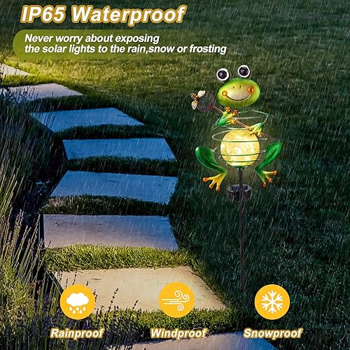 Miniatura 4 de Luz solar de jardín de rana, luz de estaca de metal con globo impermeable de vidrio agrietado, LED de energía solar para jardín, césped, patio,