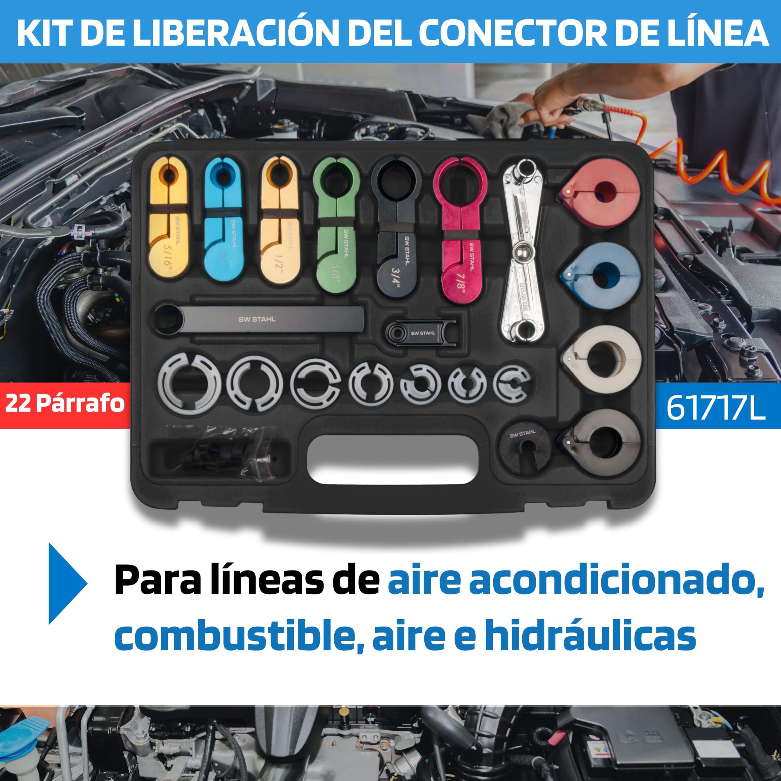 SW-Stahl 61717L Juego de 22 Desconectores de Conductores y Mangueras | Herramienta universal de extracci3n para sistemas de combustible, aire acondicionado y transmisi3n de veh#culos