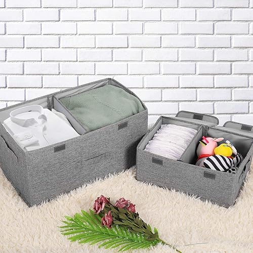 Miniatura 4 de Valease Paquete de 2 cajas de almacenamiento con tapas y asas, contenedores plegables de lino organizadores con divisor extraíble para el hogar,