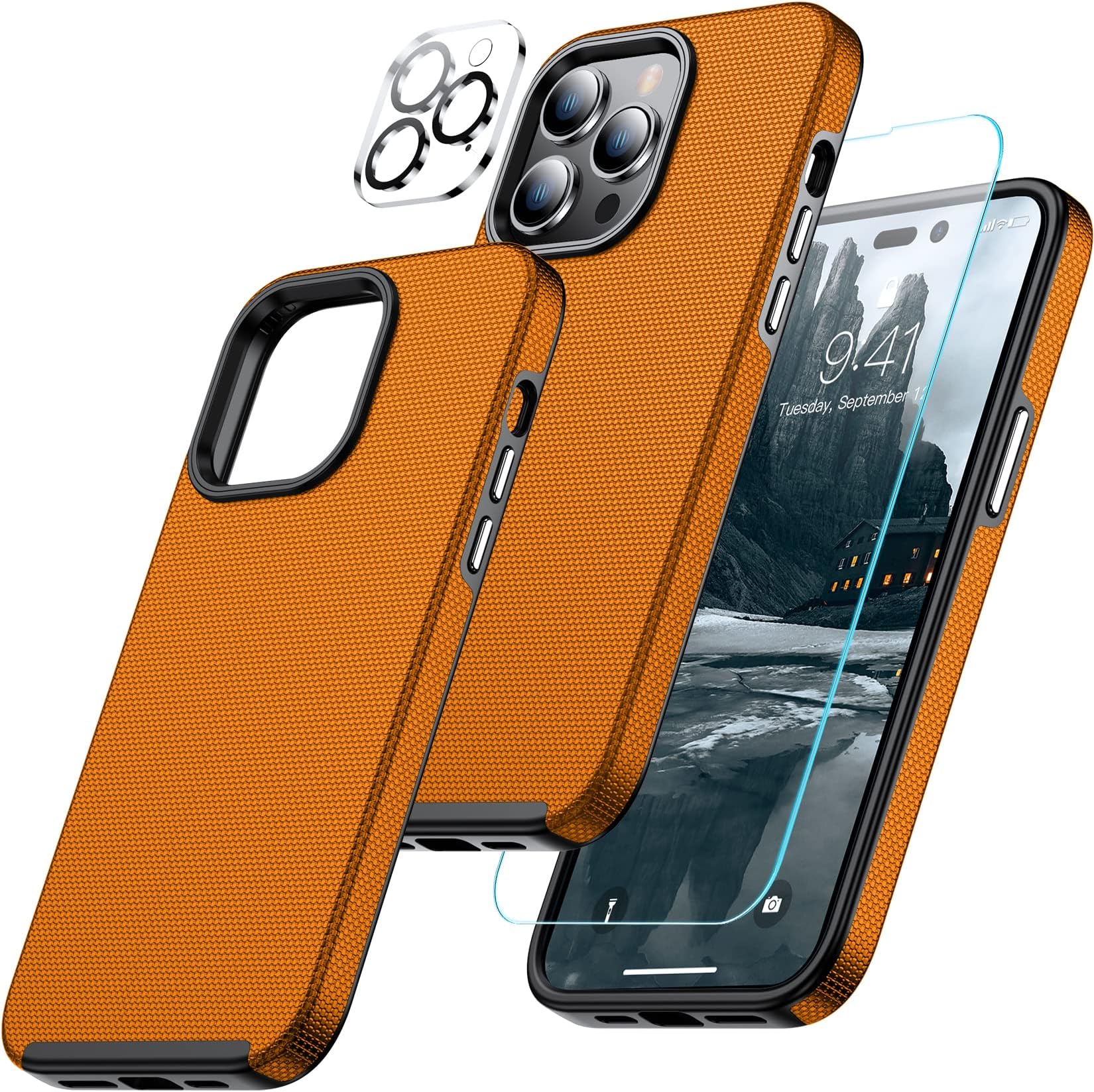 ALOFOX[8 in1] Designed for iPhone 14 Pro Max Case, with 3 Pack [9H Tempered Glass Screen Protector + HD Camera Lens Protector][Military Grade Drop-Proof] Dual Layer Heavy Duty Shockproof Case-Orange