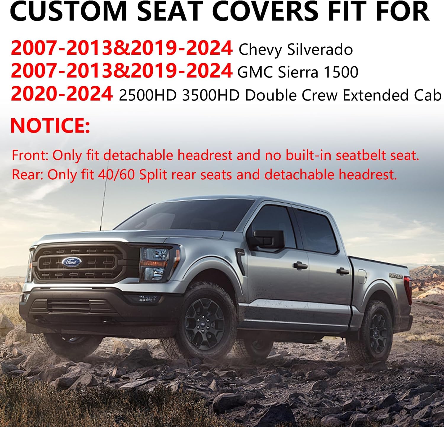 Truckiipa Leather Seat Covers for Chevy Silverado 1500 Car Seat Cover Fit for 2007-2013&2019-2024 Chevy Silverado GMC Sierra 1500, 2020-2024 2500HD 3500HD Double Crew Extended Cab, Full Set, Grey