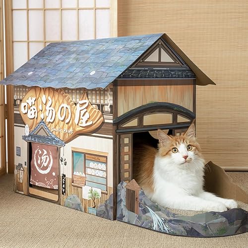 Miniatura 6 de SMILE PAWS Camas para gatos de interior, casa de cartón para gatos con rascadores, hotel Onsen, muebles grandes y resistentes para gatos, tienda de