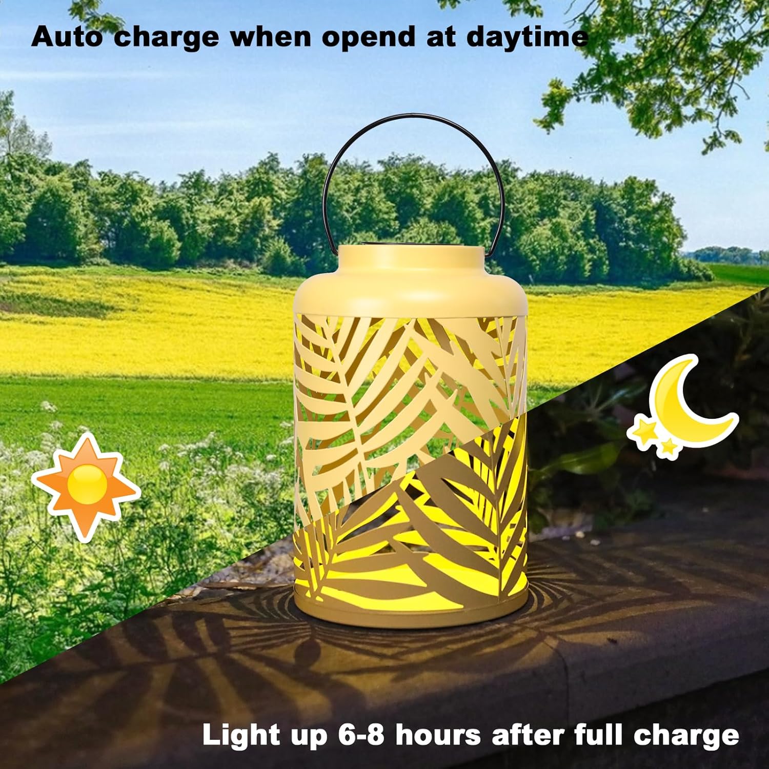 Solar Lantern Outdoor Waterproof Lanterns, 2 Pack Metal Leaf Projection Hanging Lanterns Decorative Lantern for Patio Garden Yard Backyard Front Porch (Yellow)