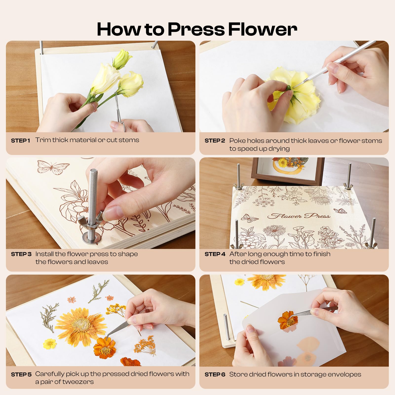 Caydo Kit de prensa de flores de madera de 11 x 11 pulgadas, 10 capas para adultos, marco de flores prensadas para marcapáginas, conserva ramo funerario de boda y plantas, hojas, hierbas para