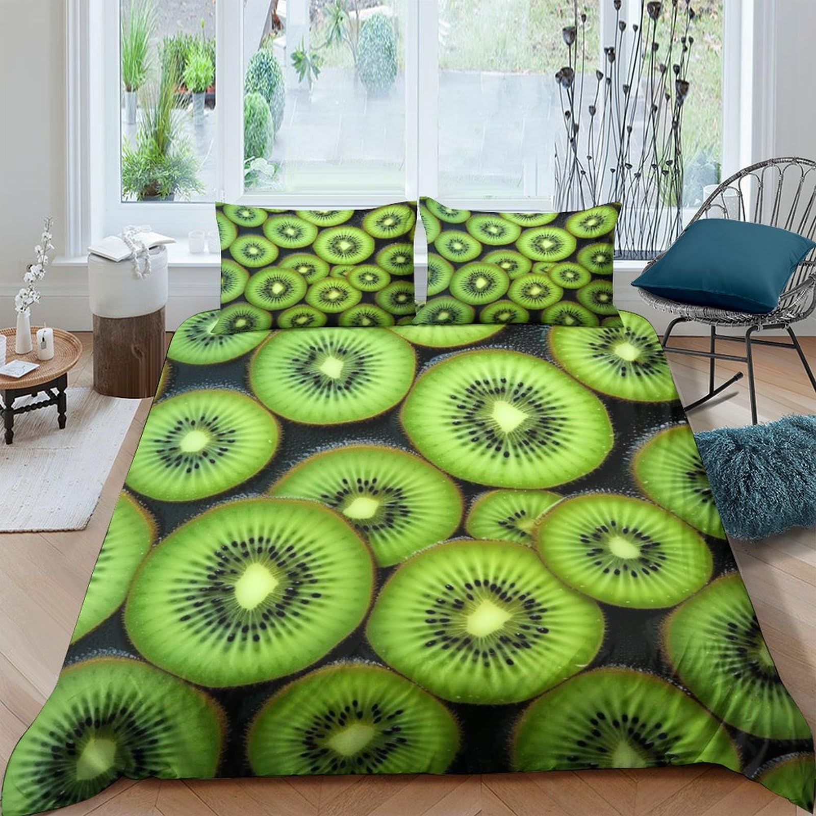 Housse de Couette Kiwi Vert 3D Parure de Lit 3 Pièces 220x240cm Microfibre King Size
