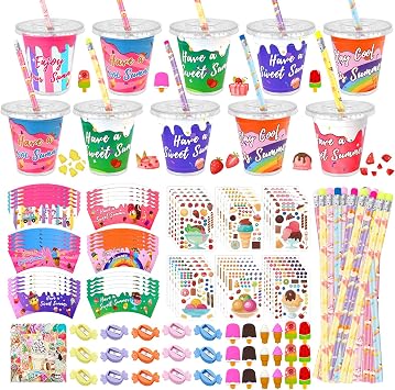 230 Pcs Ice Cream Party Favors Bulk Summer Stationery Gifts Include Cup Pencil Sharpener Sticker Eraser Card for Summer Ice Cream Birthday Classroom Exchange Prize Party Gift