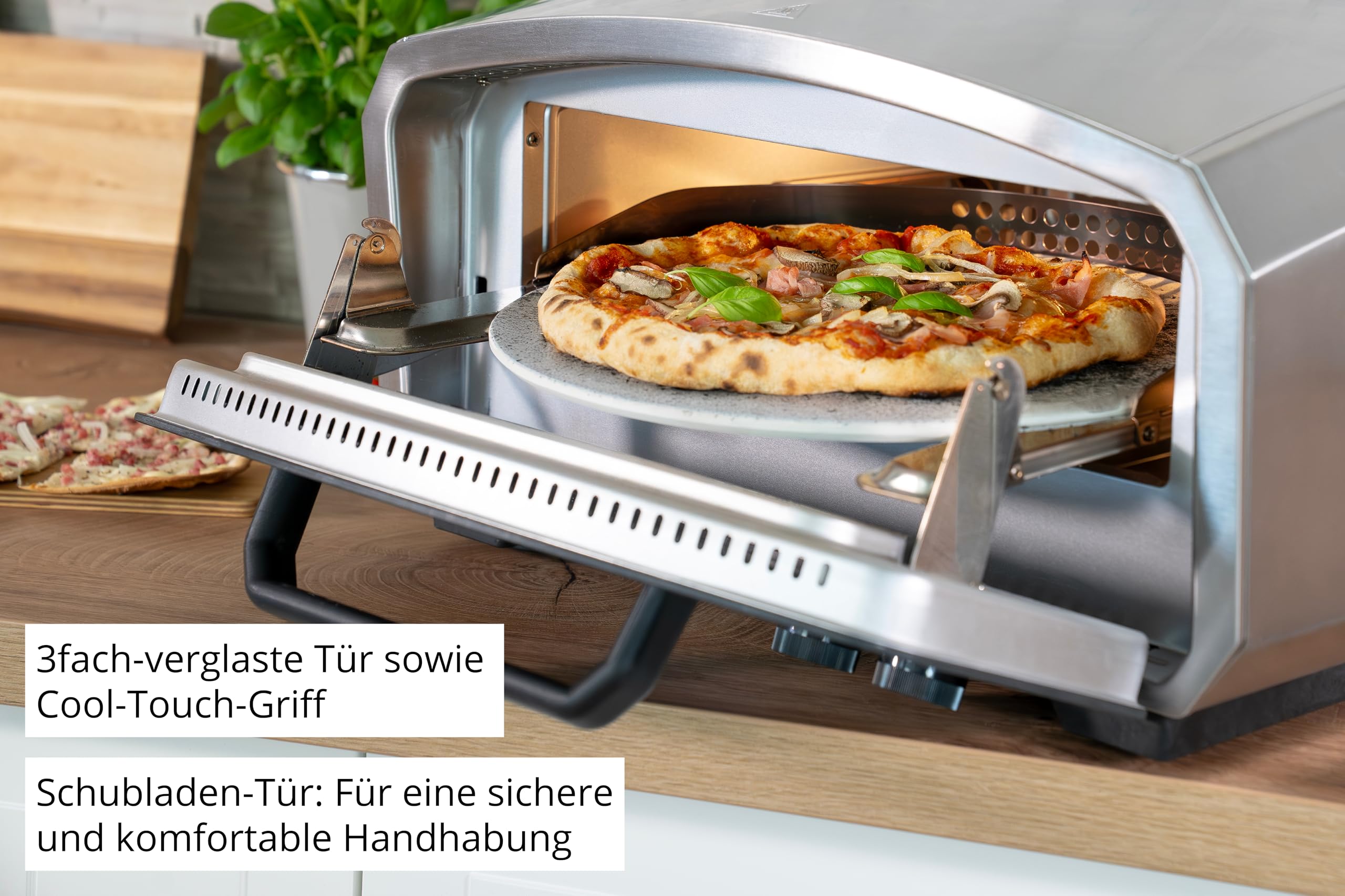 Unold 68916 Pizzaofen Enzo elektrisch rotierender Pizzastein 33cm ca. 500 °C 6 Programme für innen und außen inklusive Zubehör