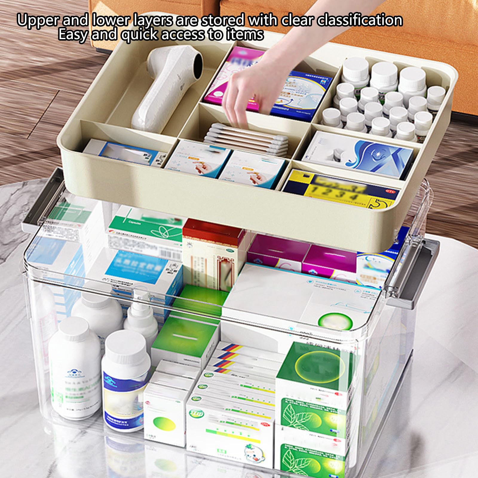 COSTYERT 2-Tier Medicine Storage Box with Handle, Clear Plastic First Aid Organizer for Home & Travel, Multi-Compartment Emergency Supplies Container, Family Medicine Box, Pill Bottle Organizer